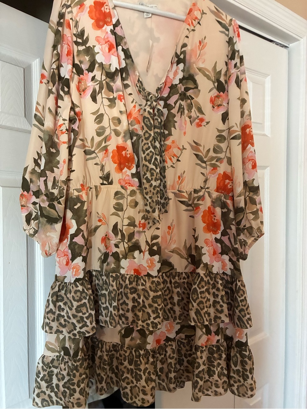 Cato Womens Floral Leopard Mixed Print TieFront Tiered Ruffle Mini Dress size XL